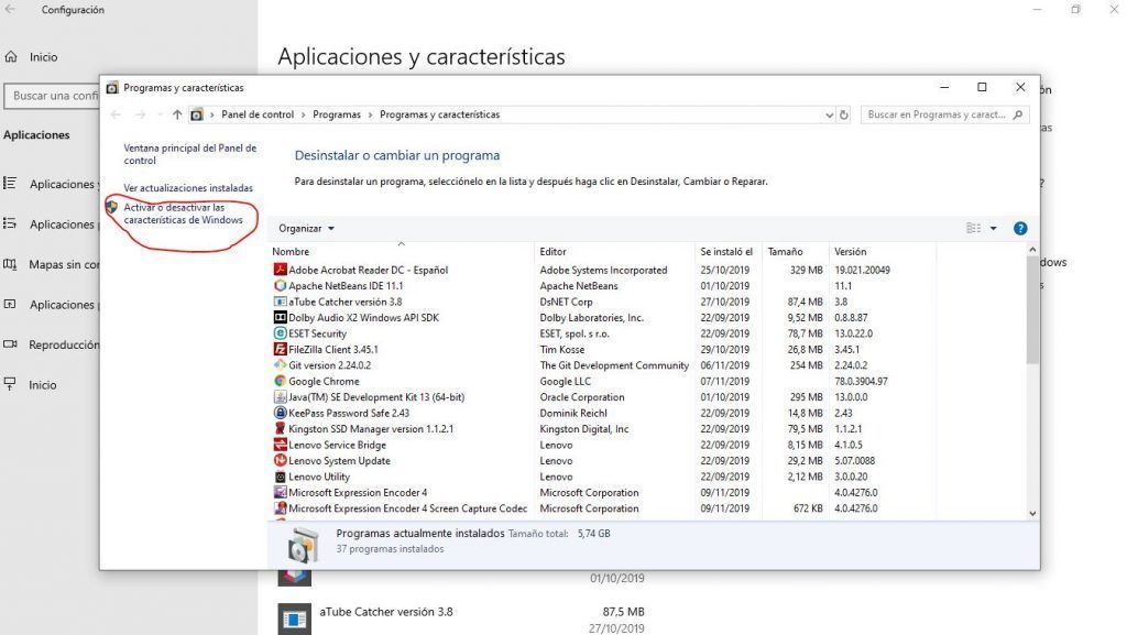 Activar o desactivar características