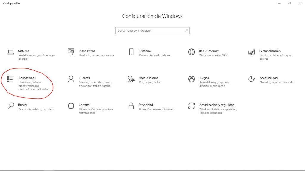 Pantalla de configuración de windows