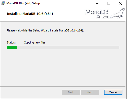 barra de progreso de instalación de MariaDB.